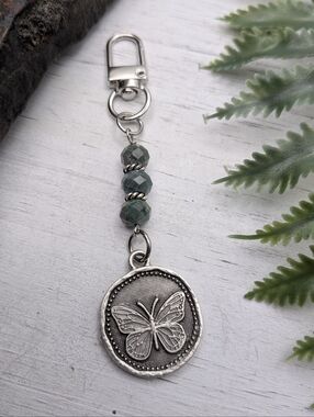 Silver Butterfly Bag Charm / Keychain with Green Beads